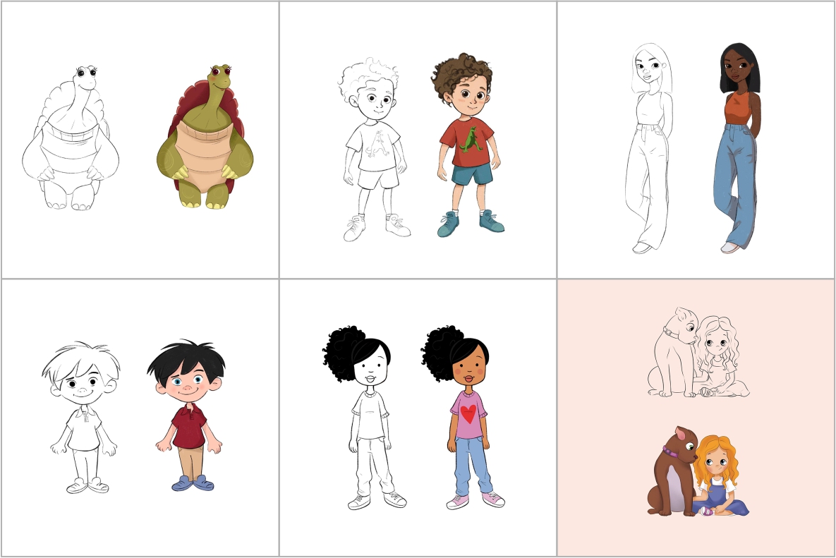 Character design sketch to color — baby, woman, boy, and elderly man
