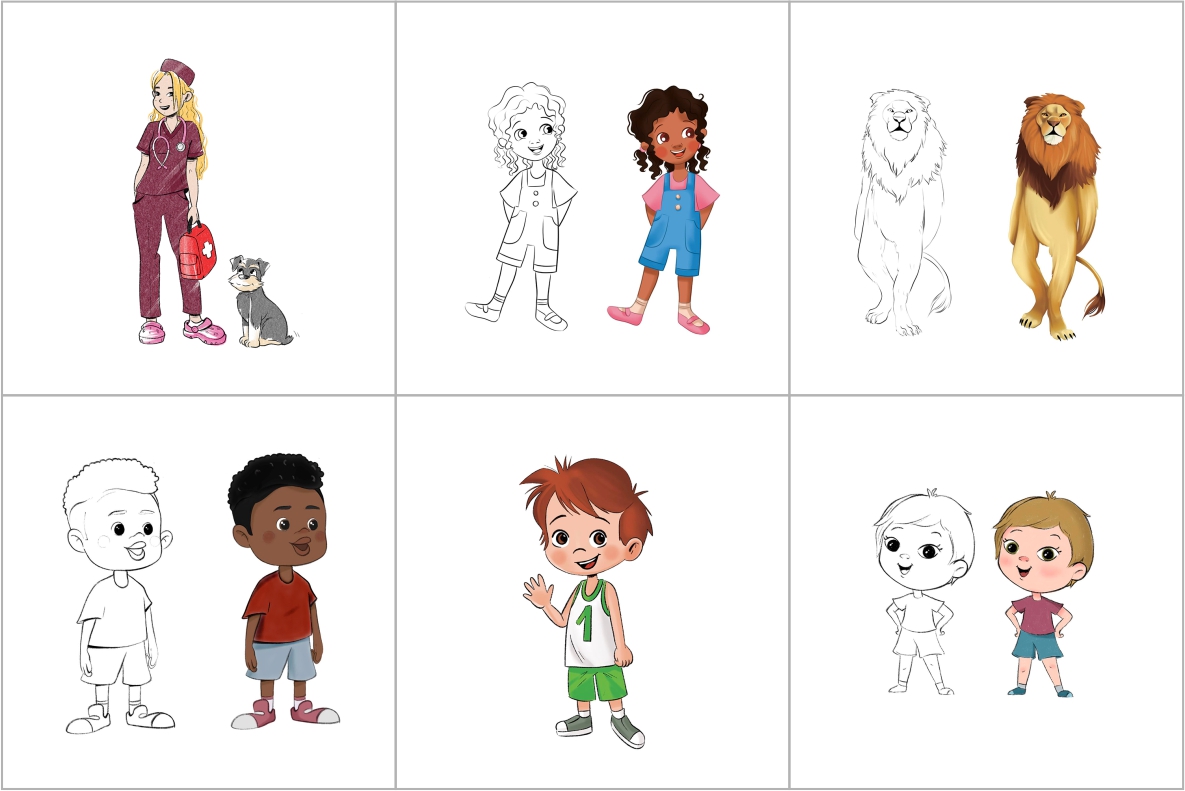 Character design sketch to color — turtle, kids, teens, and girl with dog