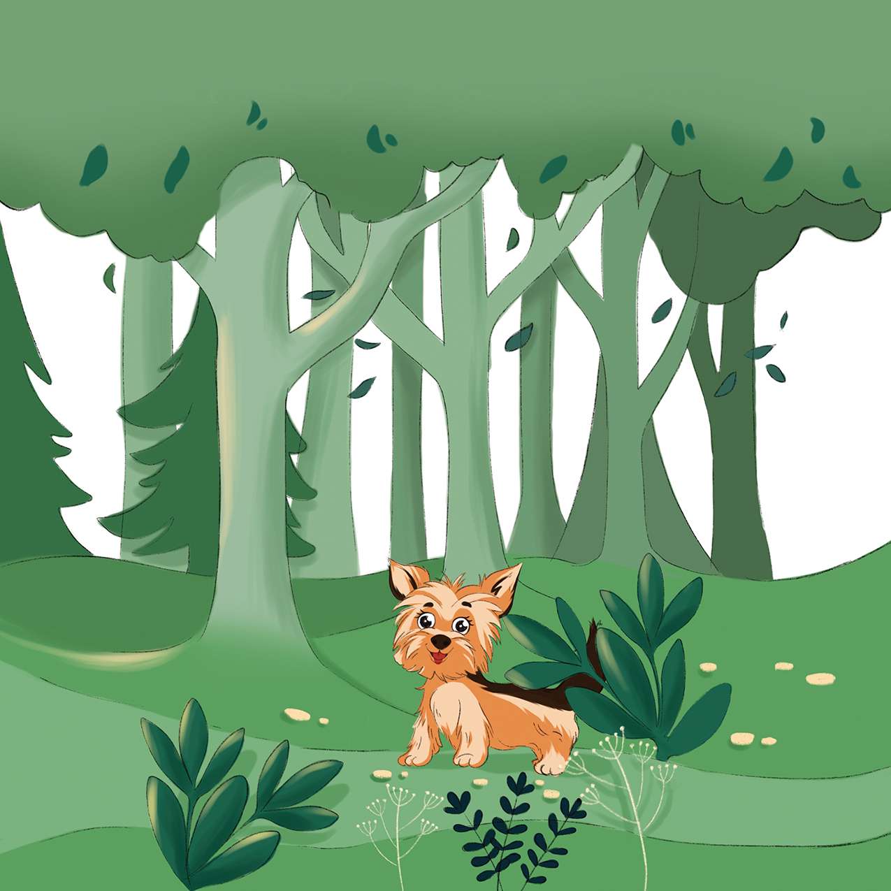 Yorkie puppy exploring green forest — children's book animal illustration