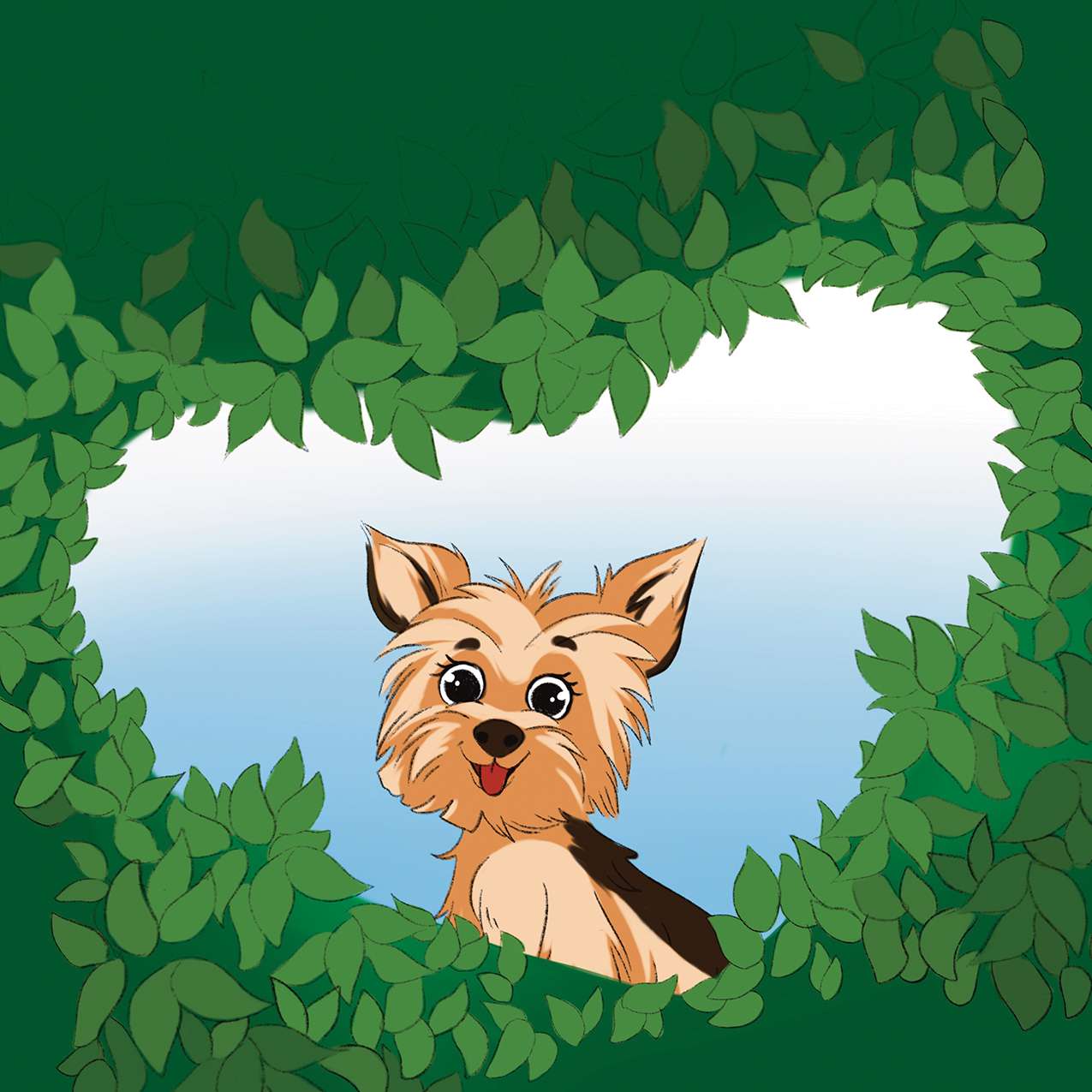 Yorkie peeking through heart-shaped leaves — children's book illustration