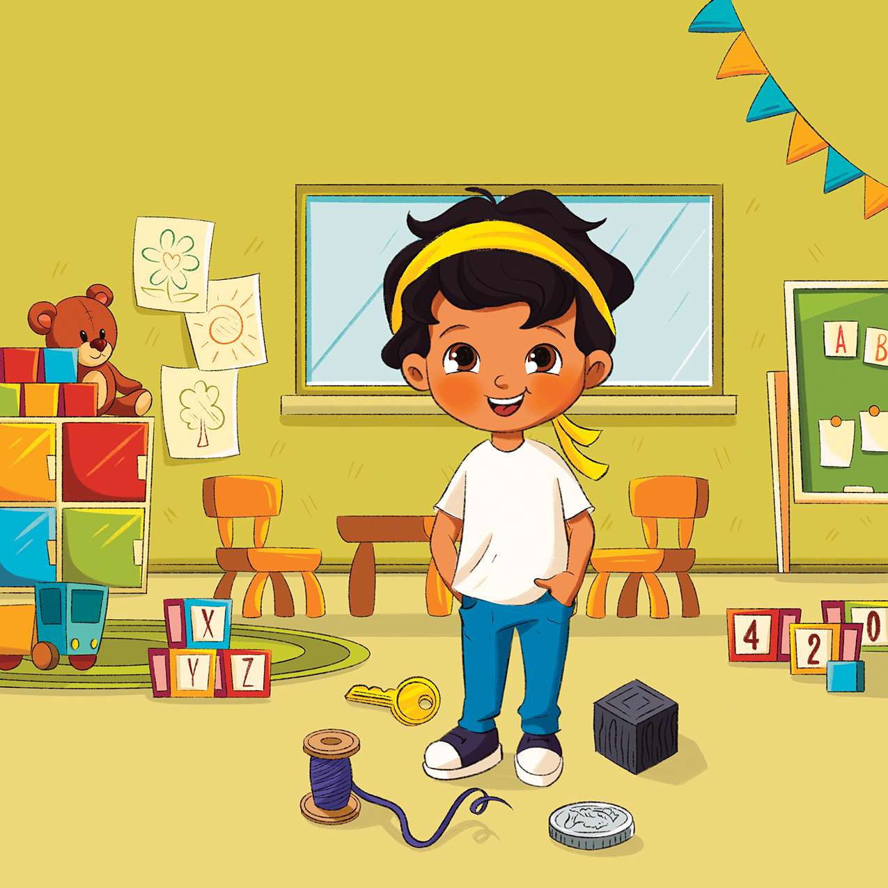 Boy in classroom with toys — picture book learning illustration