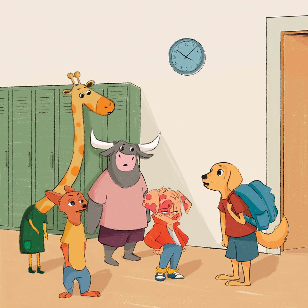 Animal characters in school hallway — picture book school illustration