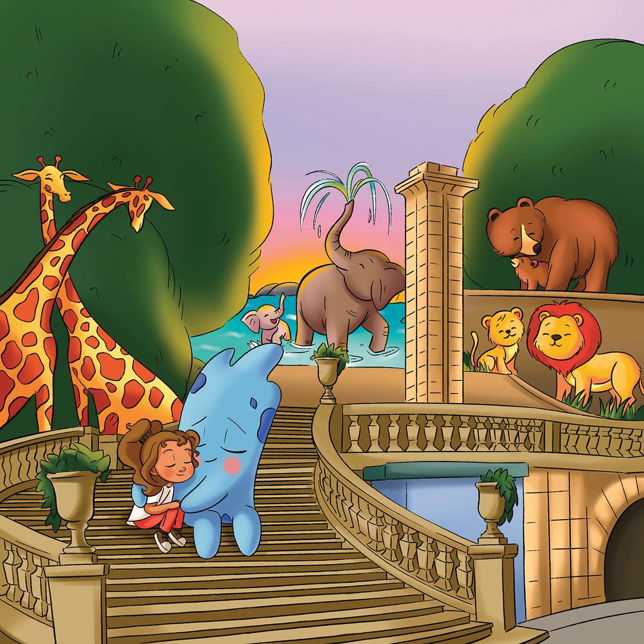 Girl at zoo with colorful animals at sunset — children's book illustration