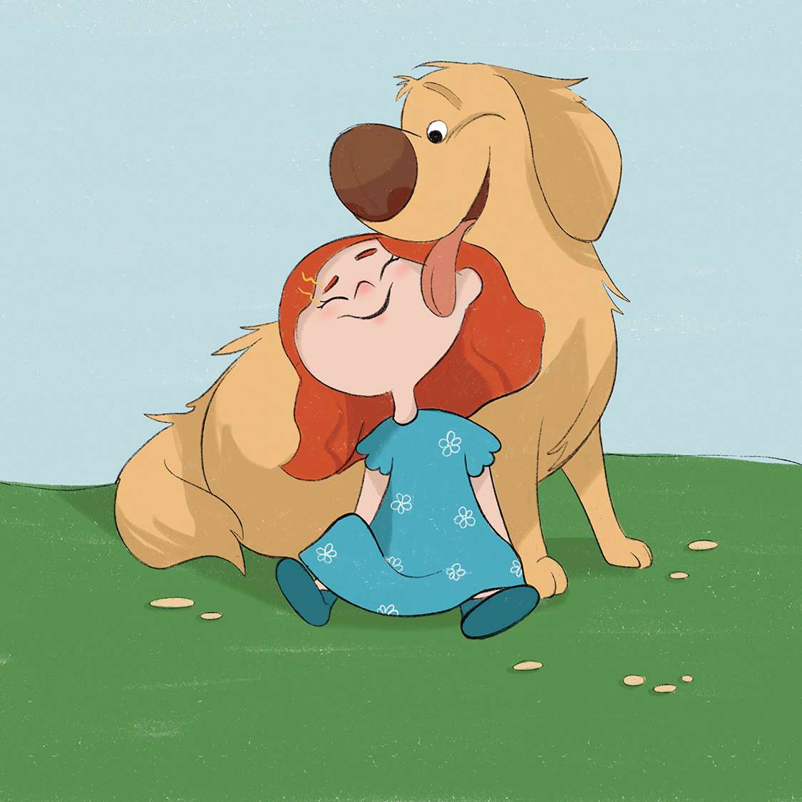 Little girl cuddling golden retriever dog — picture book pet illustration