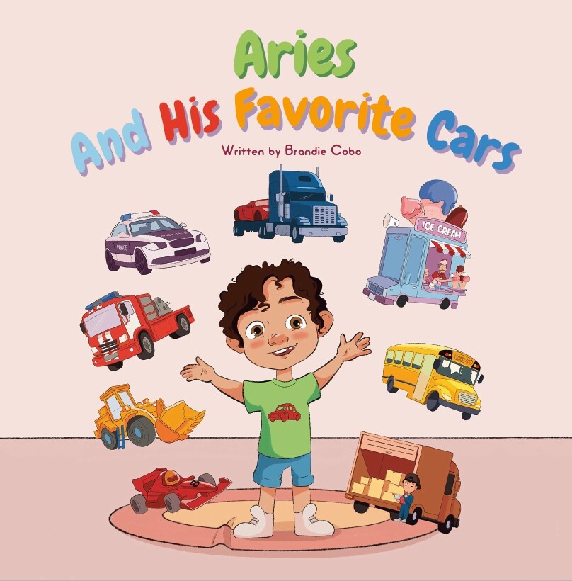 Children's book cover illustration — boy with his favorite cars and vehicles